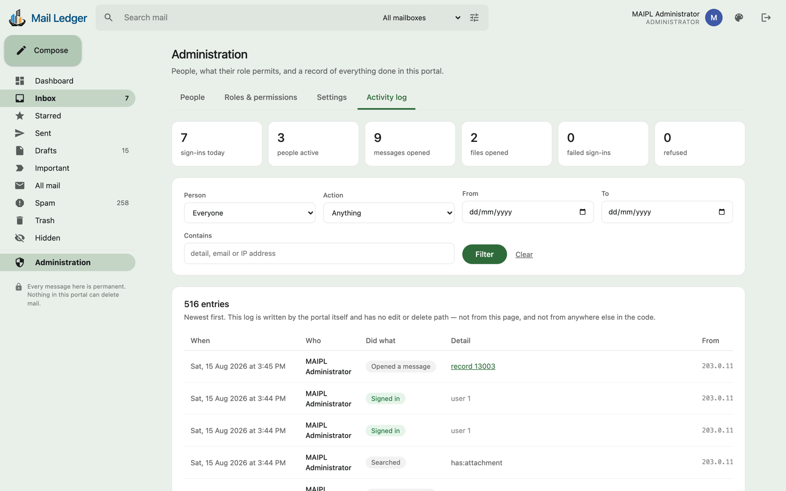 Activity log