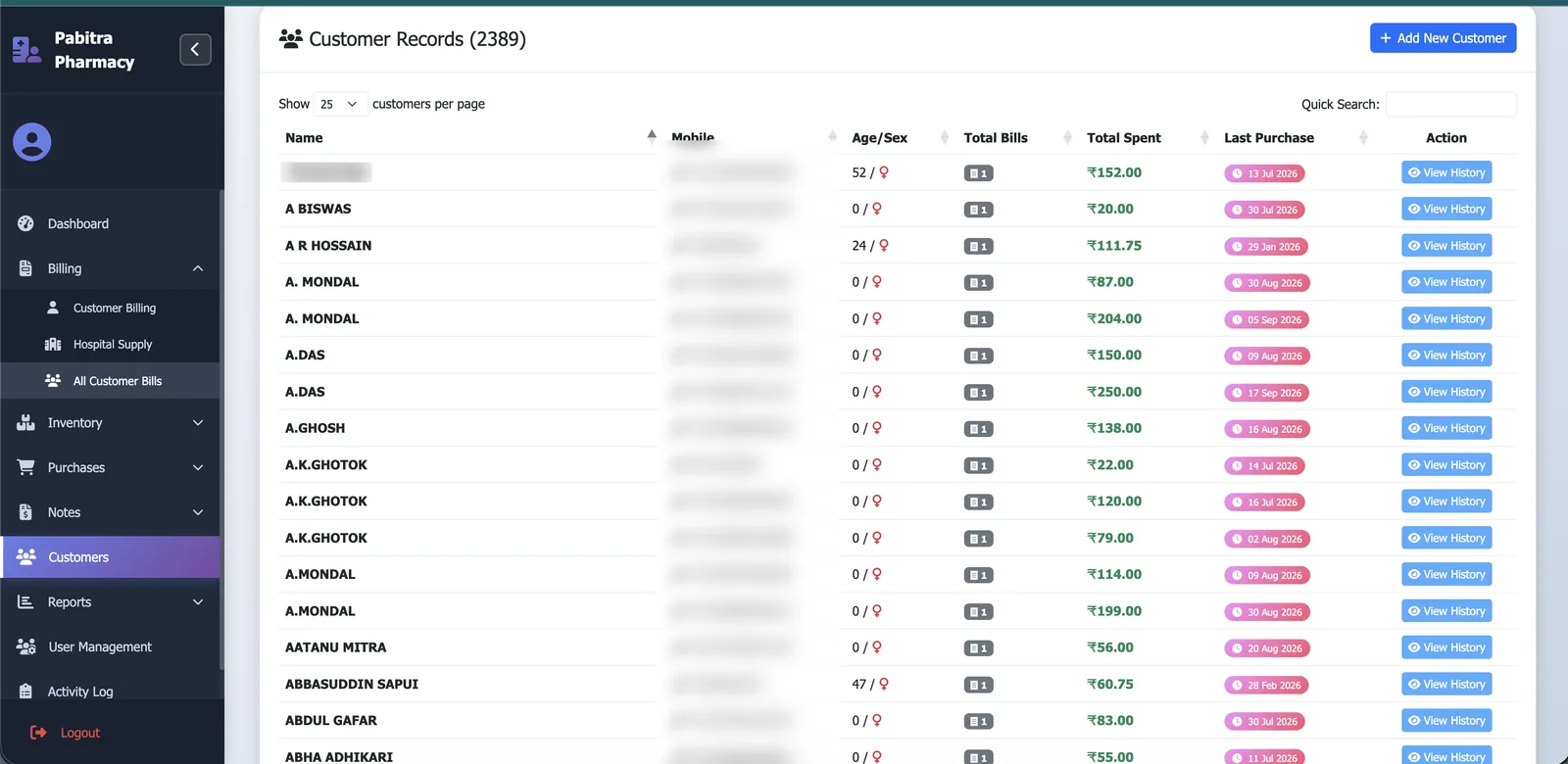 Customer records with purchase history